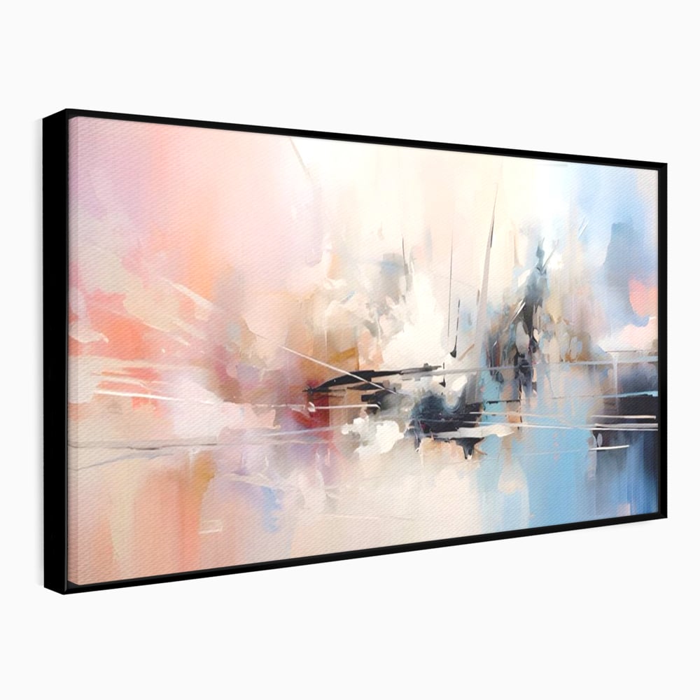 Tablou canvas cu pictura abstracta cu linii si pete pastel, in rama de aluminiu negru